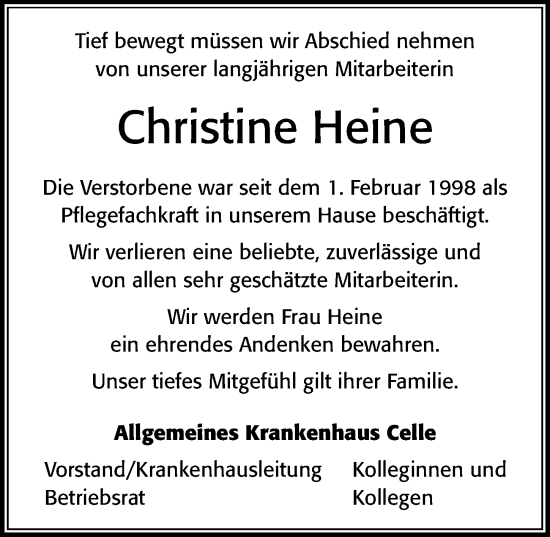 Traueranzeige von Christine Heine von Cellesche Zeitung