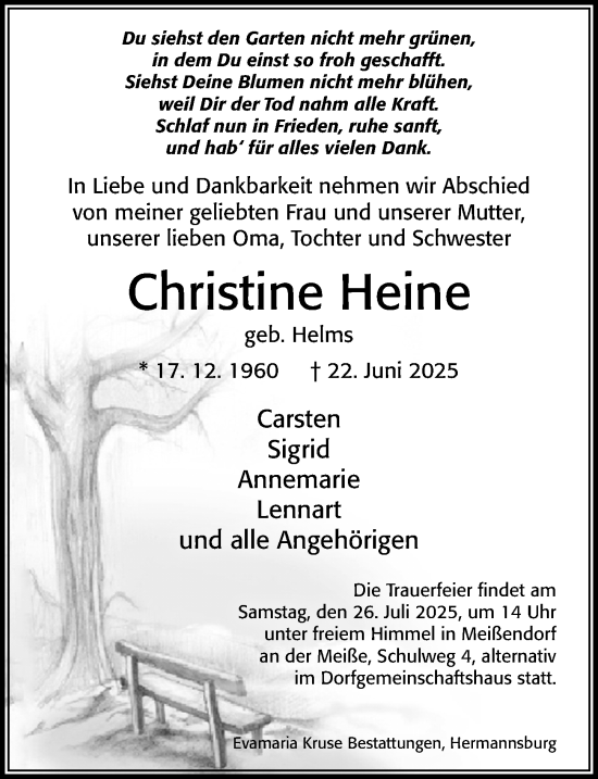 Traueranzeige von Christine Heine von Cellesche Zeitung