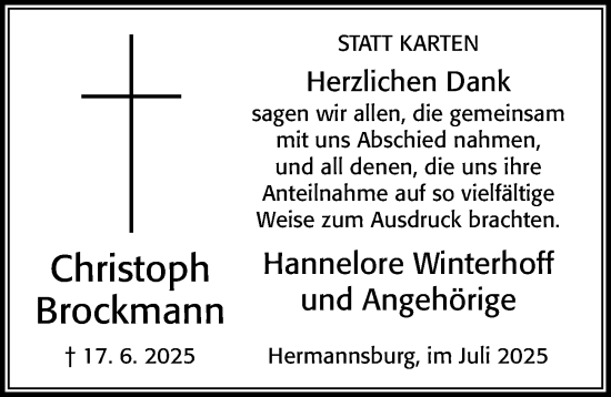 Traueranzeige von Christoph Brockmann von Cellesche Zeitung