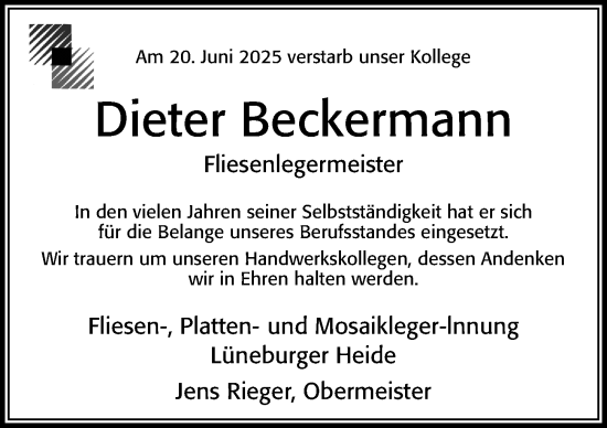 Traueranzeige von Dieter Beckermann von Cellesche Zeitung