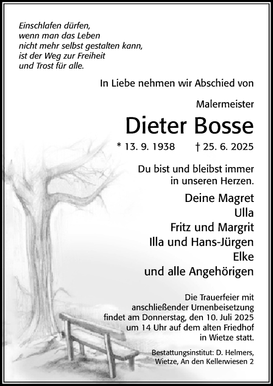 Traueranzeige von Dieter Bosse von Cellesche Zeitung