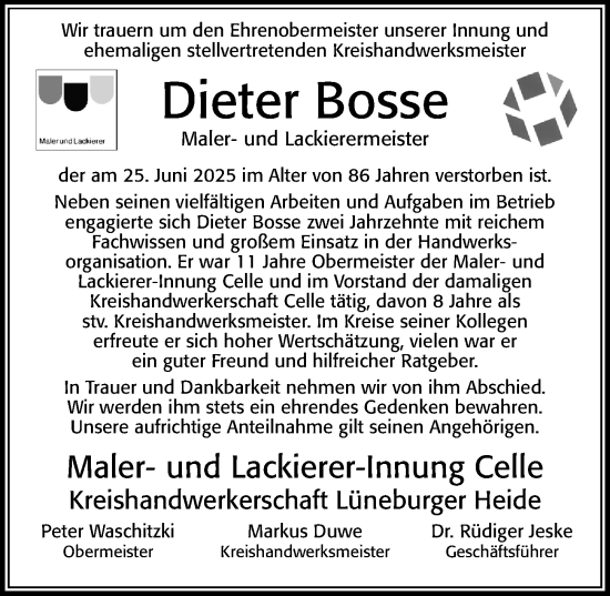 Traueranzeige von Dieter Bosse von Cellesche Zeitung