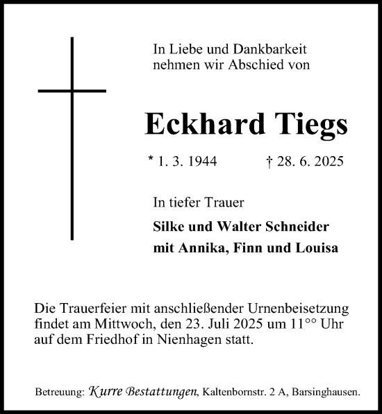 Traueranzeige von Eckhard Tiegs von Cellesche Zeitung