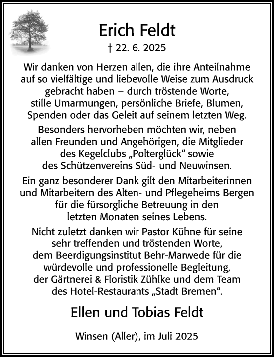 Traueranzeige von Erich Feldt von Cellesche Zeitung