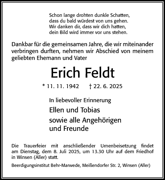 Traueranzeige von Erich Feldt von Cellesche Zeitung