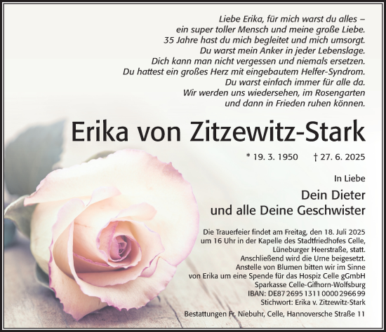 Traueranzeige von Erika von Zitzewitz-Stark von Cellesche Zeitung