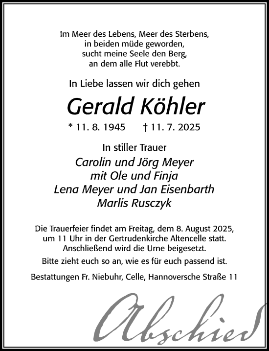 Traueranzeige von Gerald Köhler von Cellesche Zeitung