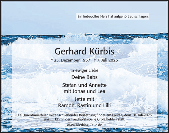 Traueranzeige von Gerhard Kürbis von Cellesche Zeitung