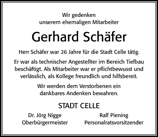 Traueranzeige von Gerhard Schäfer von Cellesche Zeitung