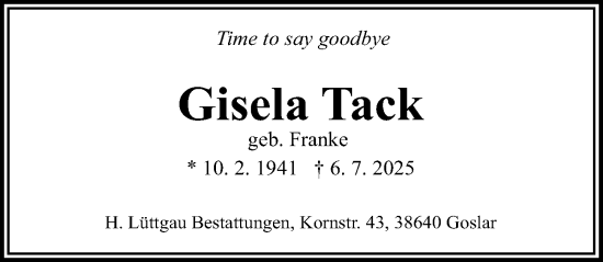 Traueranzeige von Gisela Tack von Cellesche Zeitung