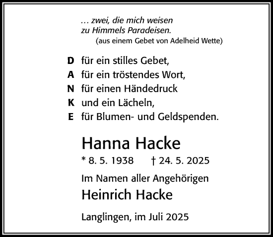 Traueranzeige von Hanna Hacke von Cellesche Zeitung