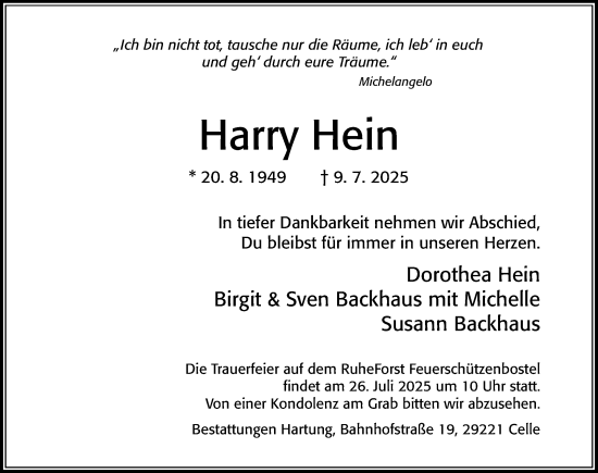 Traueranzeige von Harry Hein von Cellesche Zeitung