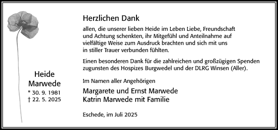 Traueranzeige von Heide Marwede von Cellesche Zeitung