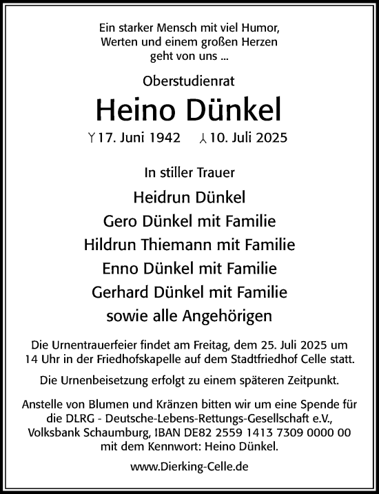 Traueranzeige von Heino Dünkel von Cellesche Zeitung