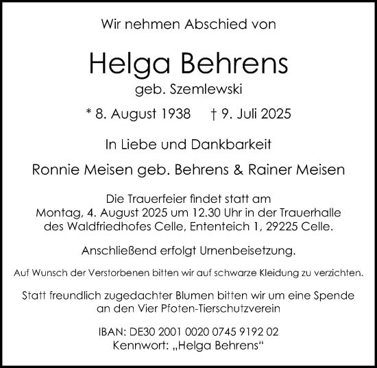 Traueranzeige von Helga Behrens von Cellesche Zeitung