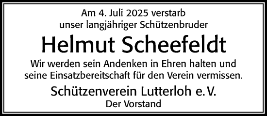 Traueranzeige von Helmut Scheefeldt von Cellesche Zeitung