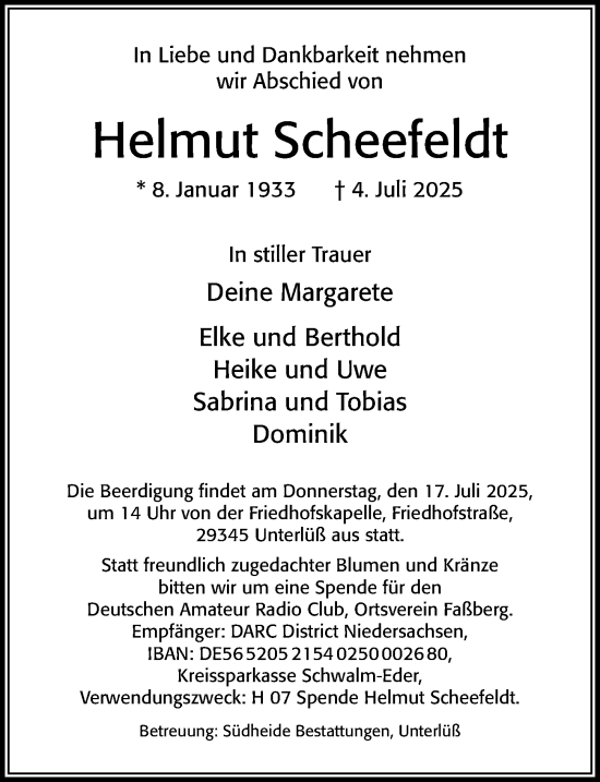 Traueranzeige von Helmut Scheefeldt von Cellesche Zeitung