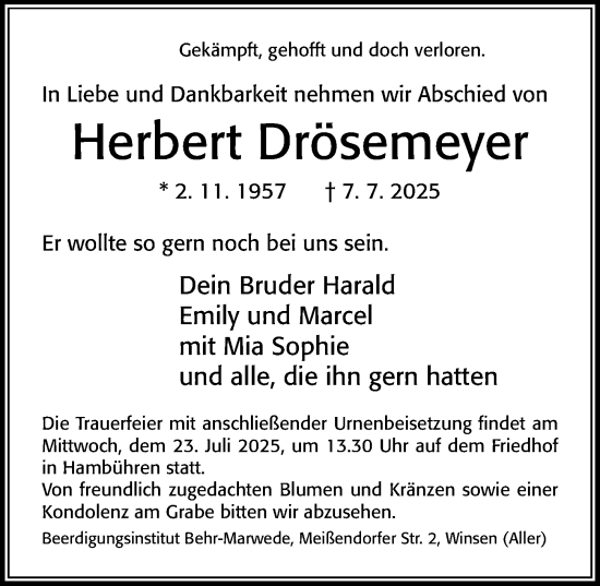 Traueranzeige von Herbert Drösemeyer von Cellesche Zeitung