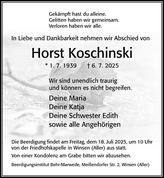 Traueranzeige von Horst Koschinski von Cellesche Zeitung