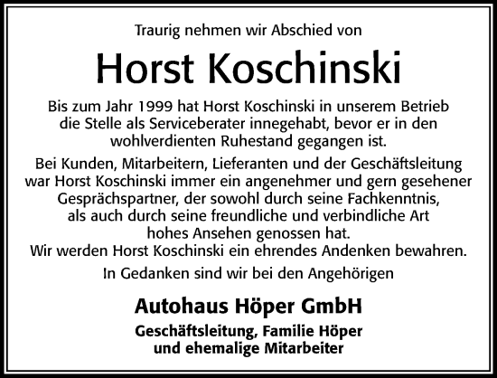 Traueranzeige von Horst Koschinski von Cellesche Zeitung
