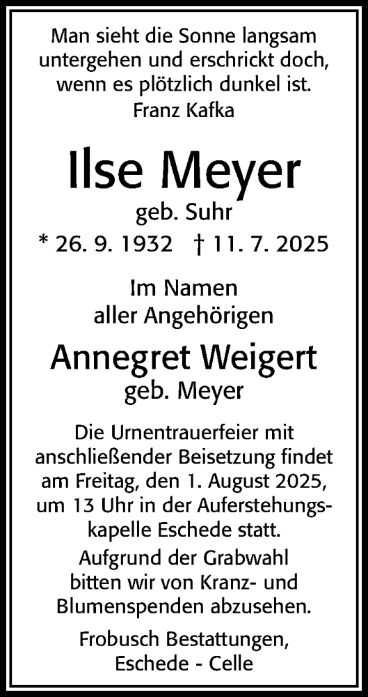 Traueranzeige von Ilse Meyer von Cellesche Zeitung