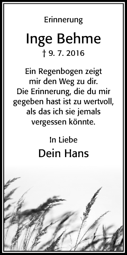 Traueranzeige von Inge Behme von Cellesche Zeitung