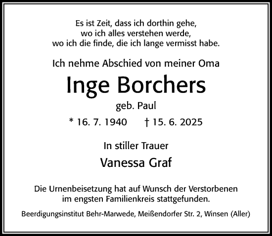 Traueranzeige von Inge Borchers von Cellesche Zeitung
