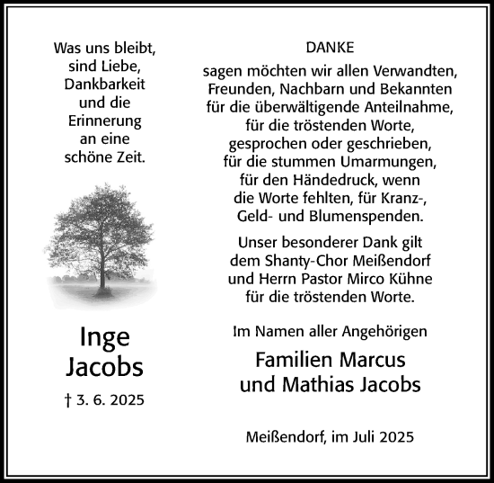 Traueranzeige von Inge Jacobs von Cellesche Zeitung