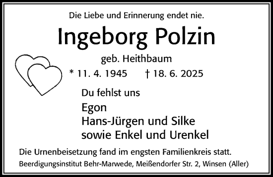 Traueranzeige von Ingeborg Polzin von Cellesche Zeitung
