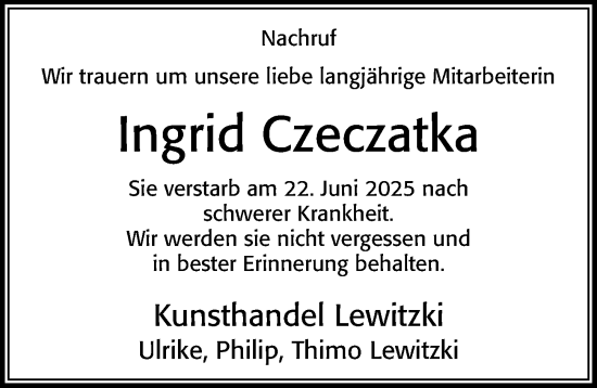 Traueranzeige von Ingrid Czeczatka von Cellesche Zeitung