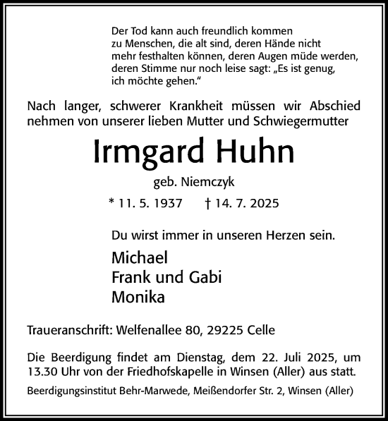 Traueranzeige von Irmgard Huhn von Cellesche Zeitung