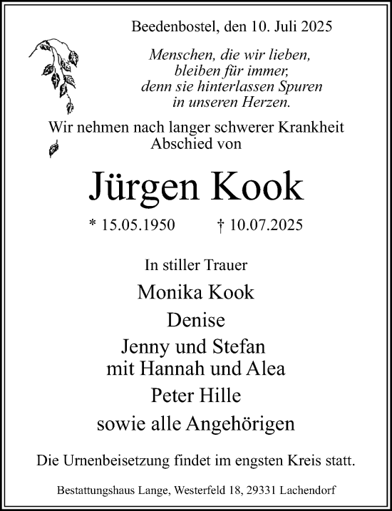 Traueranzeige von Jürgen Kook von Cellesche Zeitung