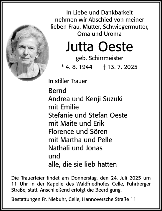 Traueranzeige von Jutta Oeste von Cellesche Zeitung