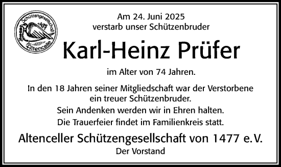 Traueranzeige von Karl-Heinz Prüfer von Cellesche Zeitung