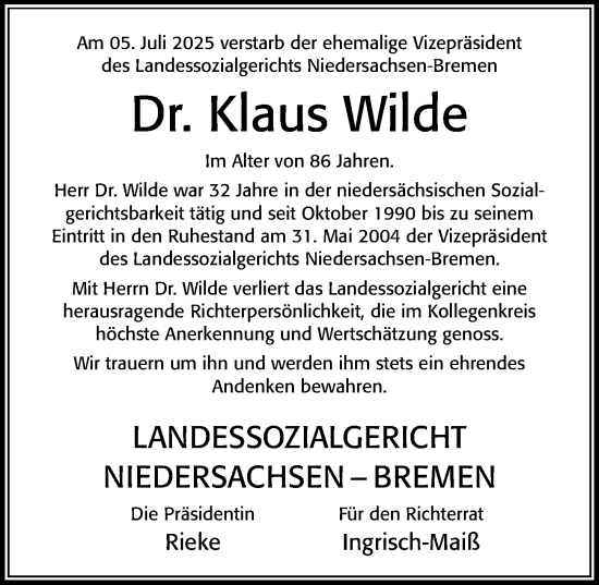 Traueranzeige von Klaus Wilde von Cellesche Zeitung