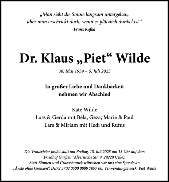 Traueranzeige von Klaus Wilde von Cellesche Zeitung