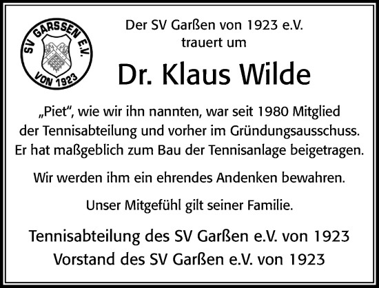 Traueranzeige von Klaus Wilde von Cellesche Zeitung