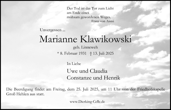 Traueranzeige von Marianne Klawikowski von Cellesche Zeitung