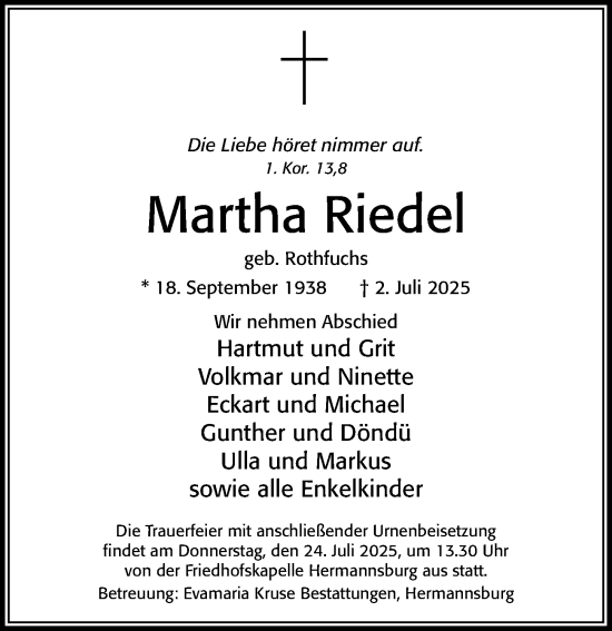 Traueranzeige von Martha Riedel von Cellesche Zeitung