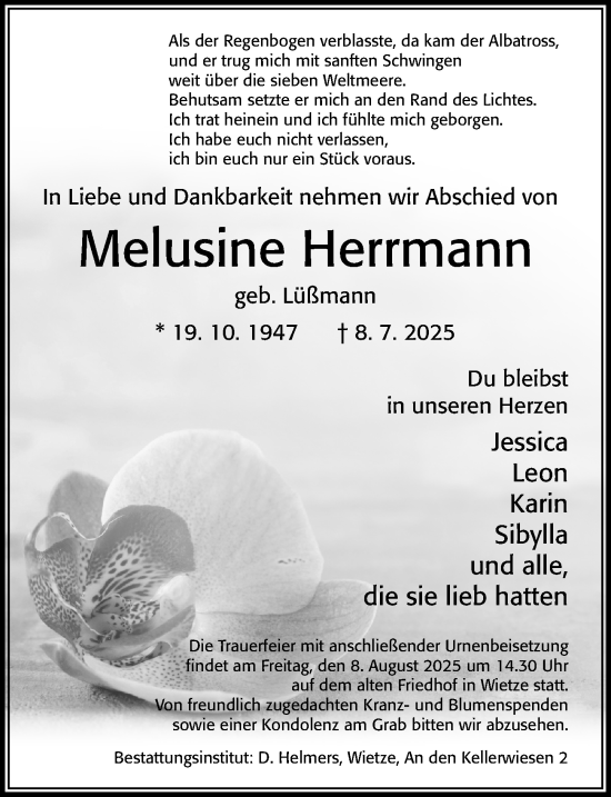 Traueranzeige von Melusine Herrmann von Cellesche Zeitung