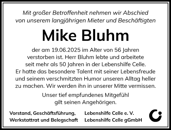 Traueranzeige von Mike Bluhm von Cellesche Zeitung