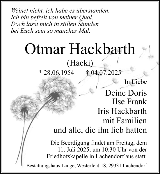 Traueranzeige von Otmar Hackbarth von Cellesche Zeitung