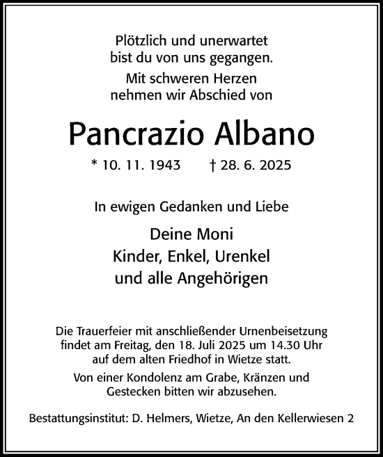 Traueranzeige von Pancrazio Albano von Cellesche Zeitung