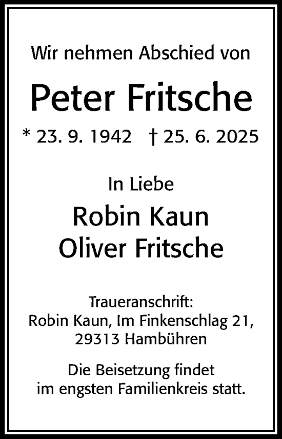 Traueranzeige von Peter Fritsche von Cellesche Zeitung