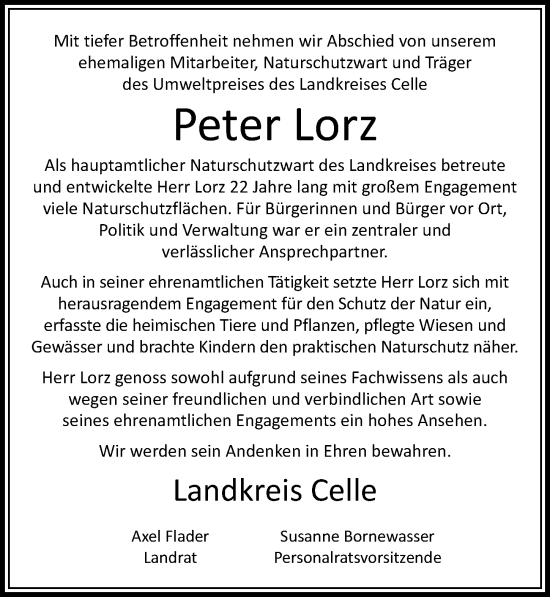 Traueranzeige von Peter Lorz von Cellesche Zeitung