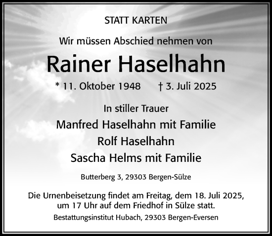 Traueranzeige von Rainer Haselhahn von Cellesche Zeitung