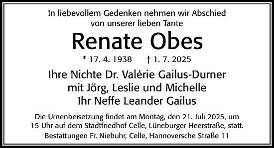 Traueranzeige von Renate Obes von Cellesche Zeitung