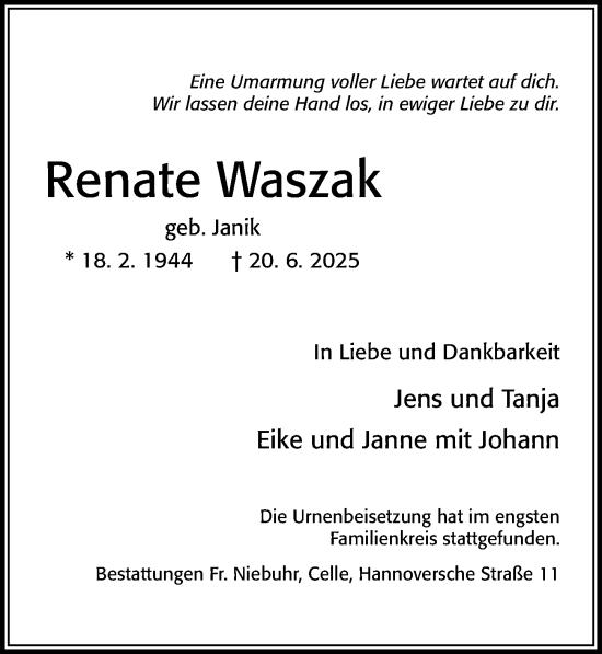 Traueranzeige von Renate Waszak von Cellesche Zeitung