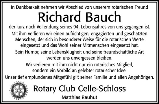 Traueranzeige von Richard Bauch von Cellesche Zeitung