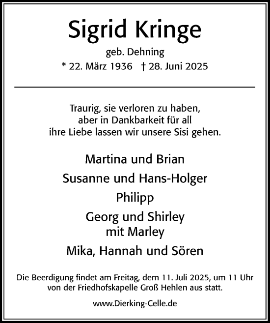 Traueranzeige von Sigrid Kringe von Cellesche Zeitung